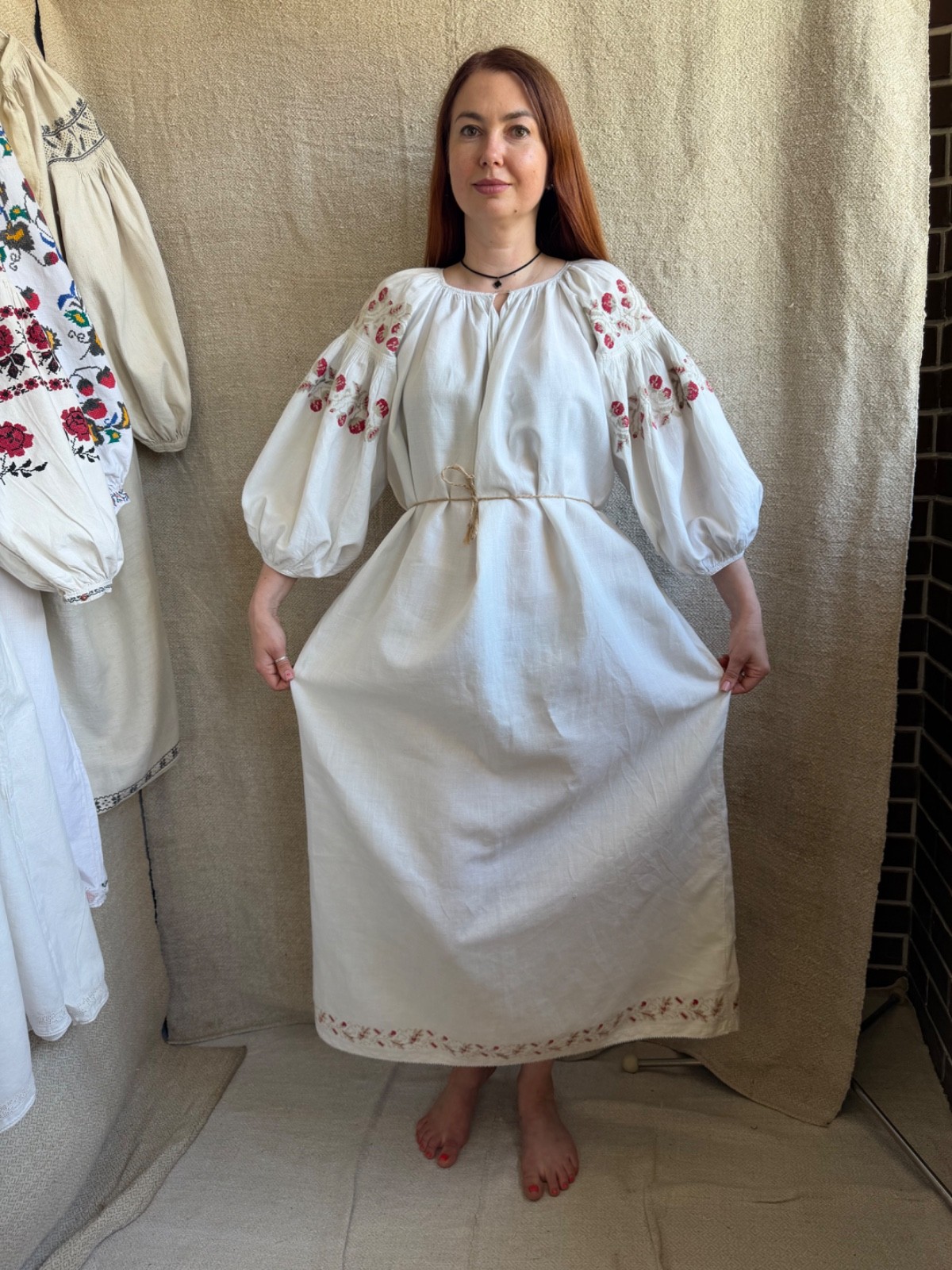 Ukrainian Embroidered Dress Vyshyvanka Puffed Sleeves Pansy Berry Motif