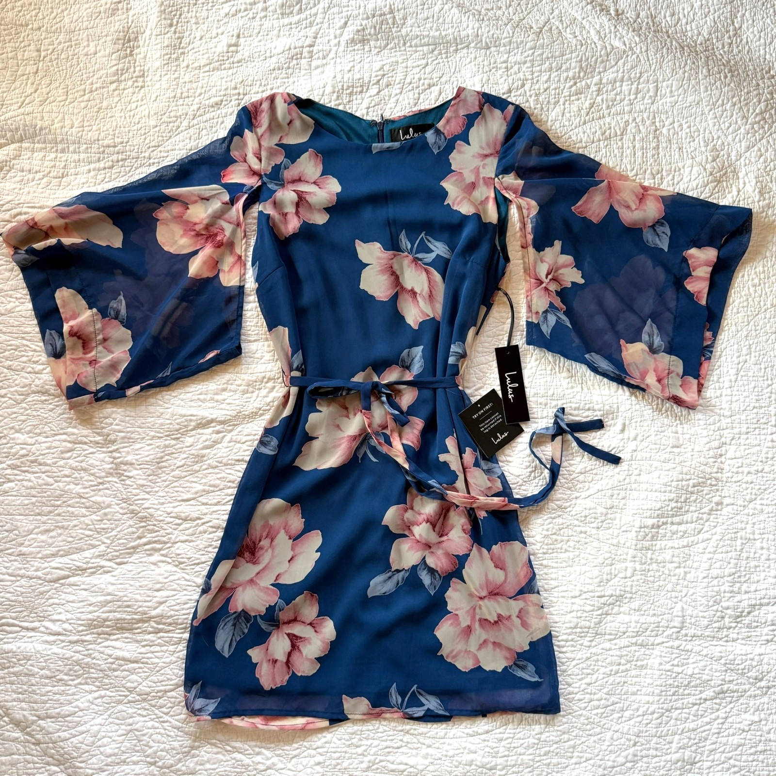 NWT Lulus Joyful Noise Denim Blue Floral Print Mini Dress Blue Chiffon Size S