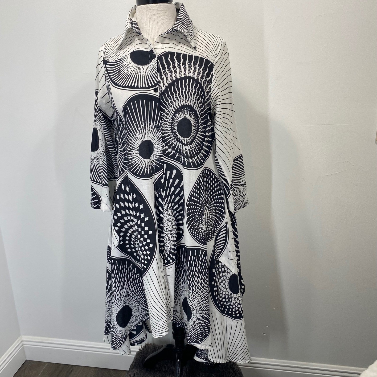 Step In Style Womens Black White Geo Sunburst Cotton Midi Hi Low Shirt Dress Sm