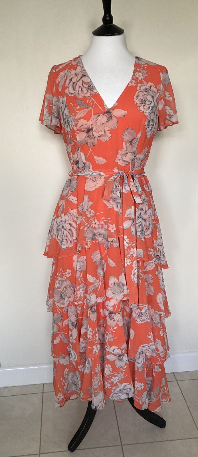 ROMAN ~ Orange Floral Short Floaty Sleeve Ruffle Layered Dress Sz 10