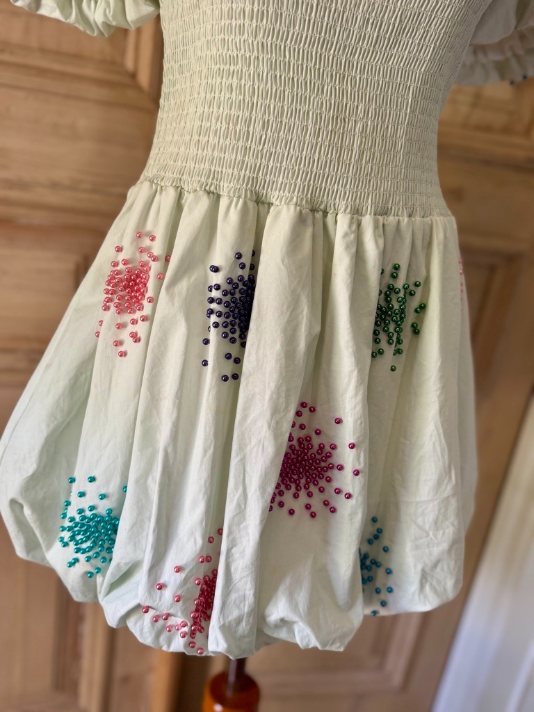 QOS Queen of Sparkles Mint Smocked Rainbow Beaded Burst Bubble Dress Medium M