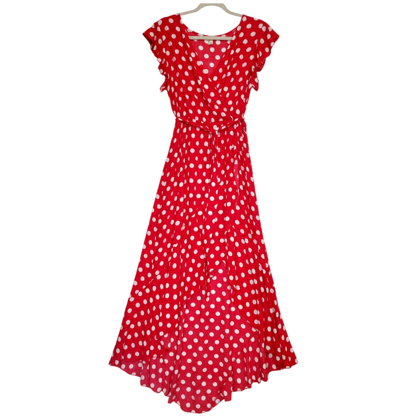 Red Polka Dot Faux Wrap Surplice Maxi Dress M Hi Low Ruffle Romantic Retro Femme