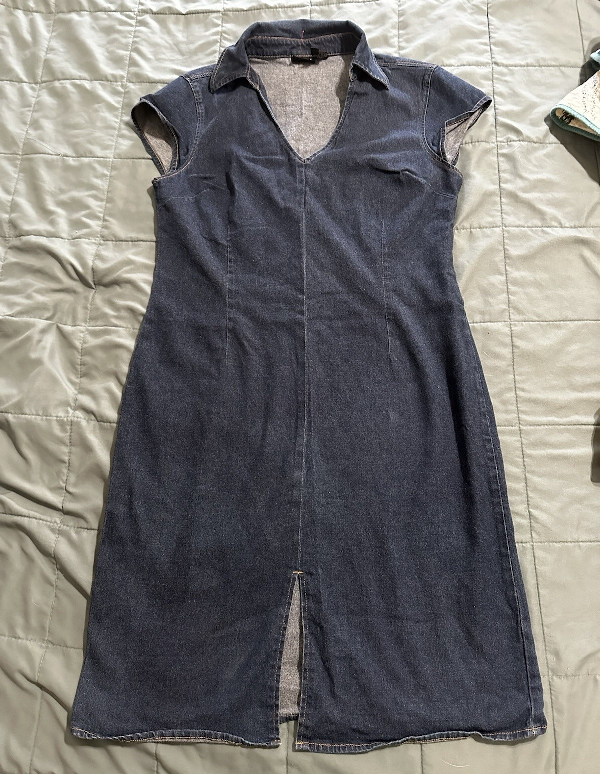 Boutique Europa Blue Denim Collared Cap Sleeve Midi Shift Dress US 14