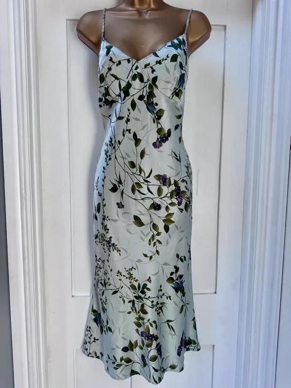 Monsoon 100% Silk Vintage Floral Cami Midi Dress UK 14 Sage Green Wedding Guest