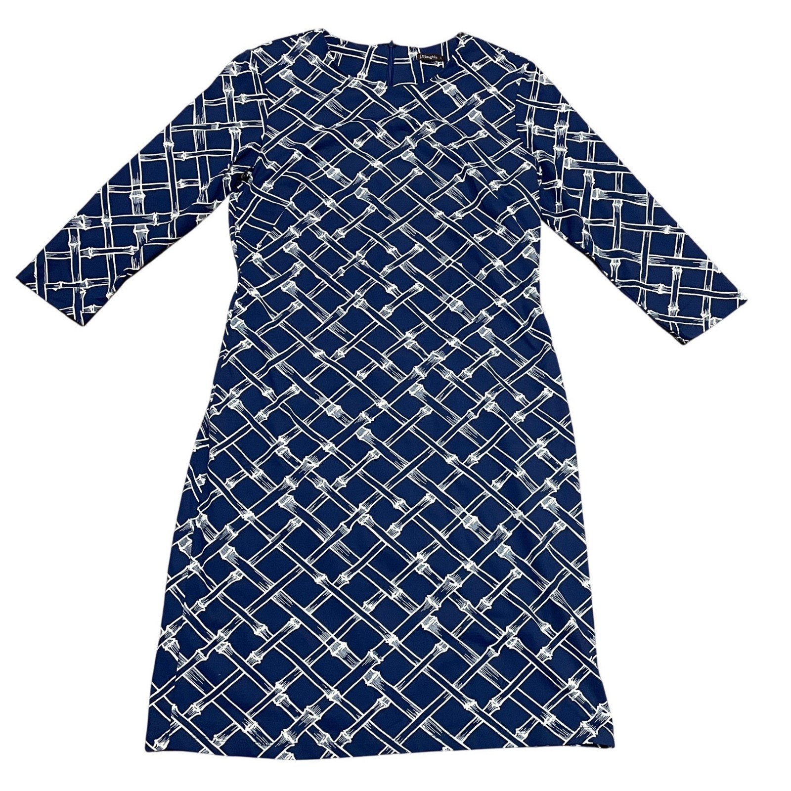 J McLaughlin Sophia Catalina Navy Blue White Bamboo Print Sheath Dress Women’s L