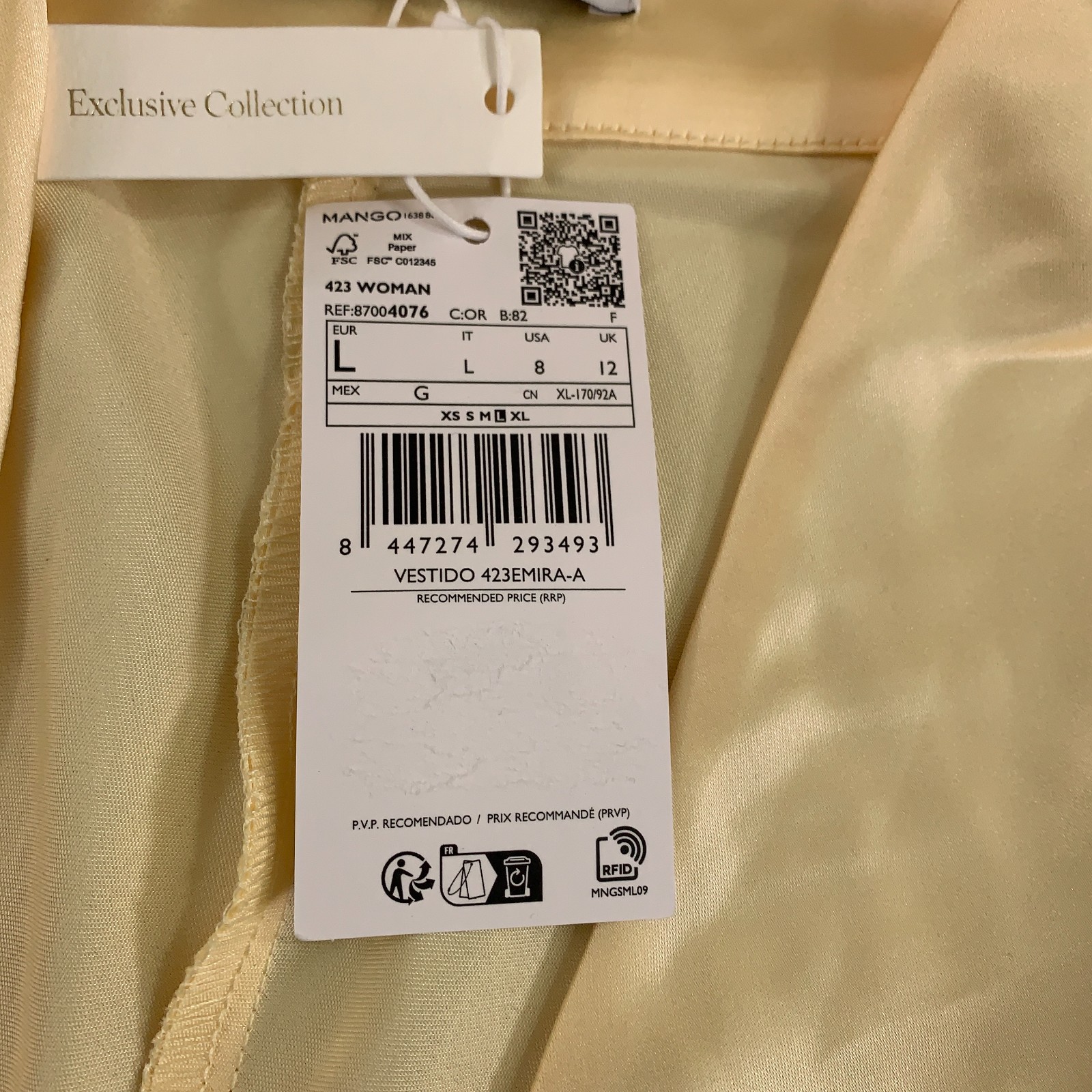 Mango Womens US 8 Pale Yellow Satin V-Neck Flared Sleeves Lined A-Line Dress NWT