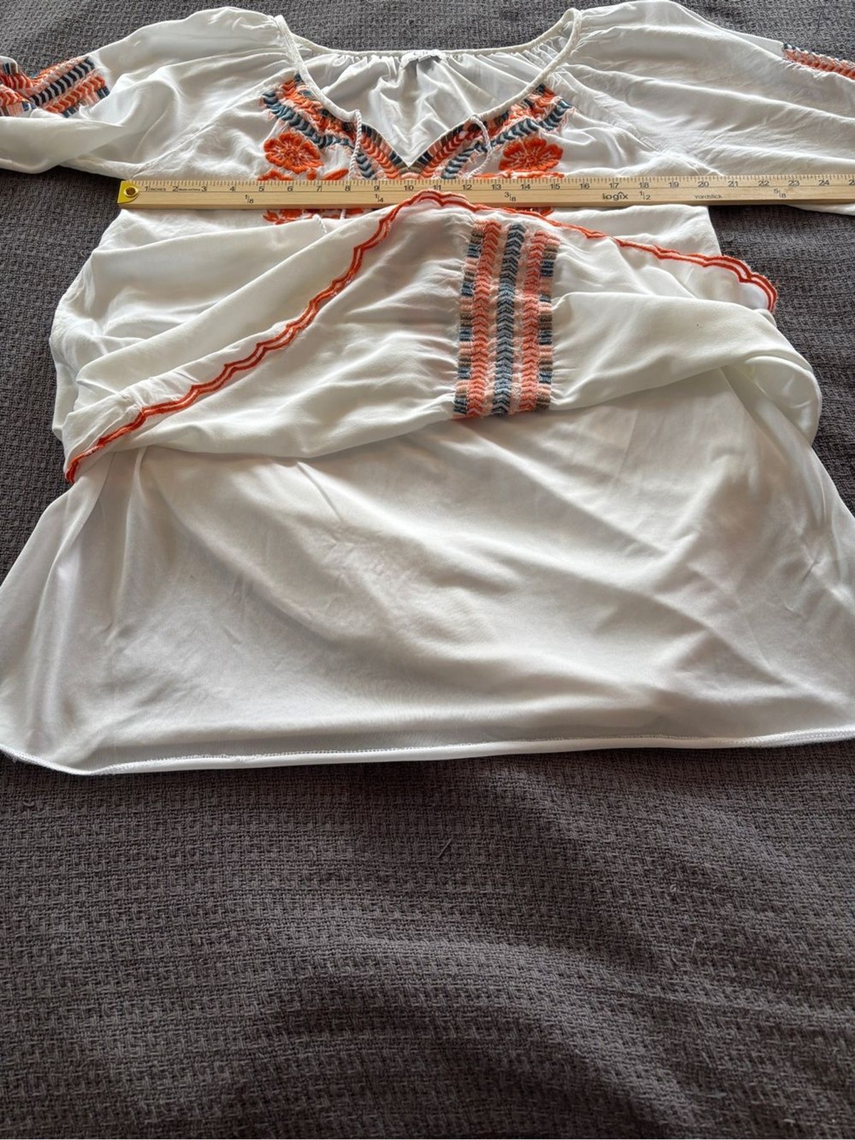 Chic Connection White Boho Coastal Peasent Tunic Dress with Orange Embroidery
