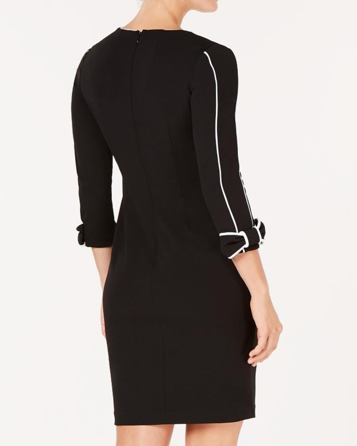 Calvin Klein Petite Scuba Crepe V-Neck Bow Long Sleeve Sheath Dress, 2P Black