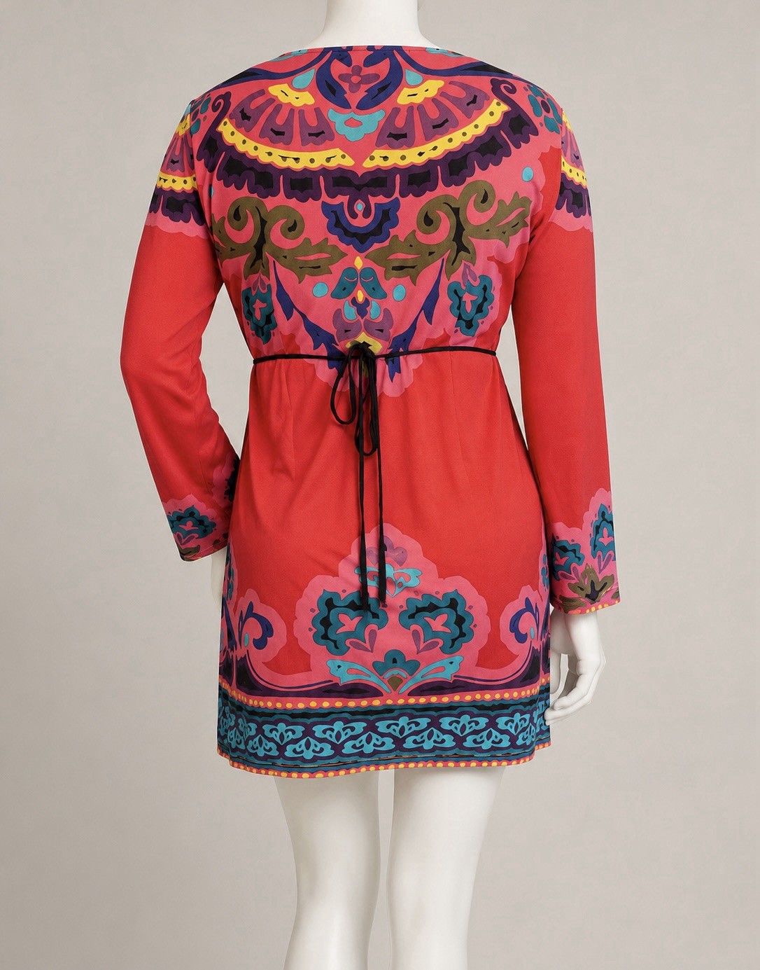 Hale Bob M Red Multicolor Boho Tunic Dress Embellished V Neck Mini