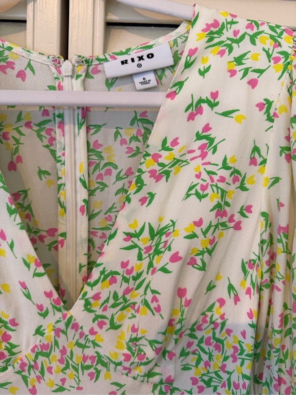 RIXO for Target Floral Puff Sleeve Mini Dress Cream Green Pink Size 0