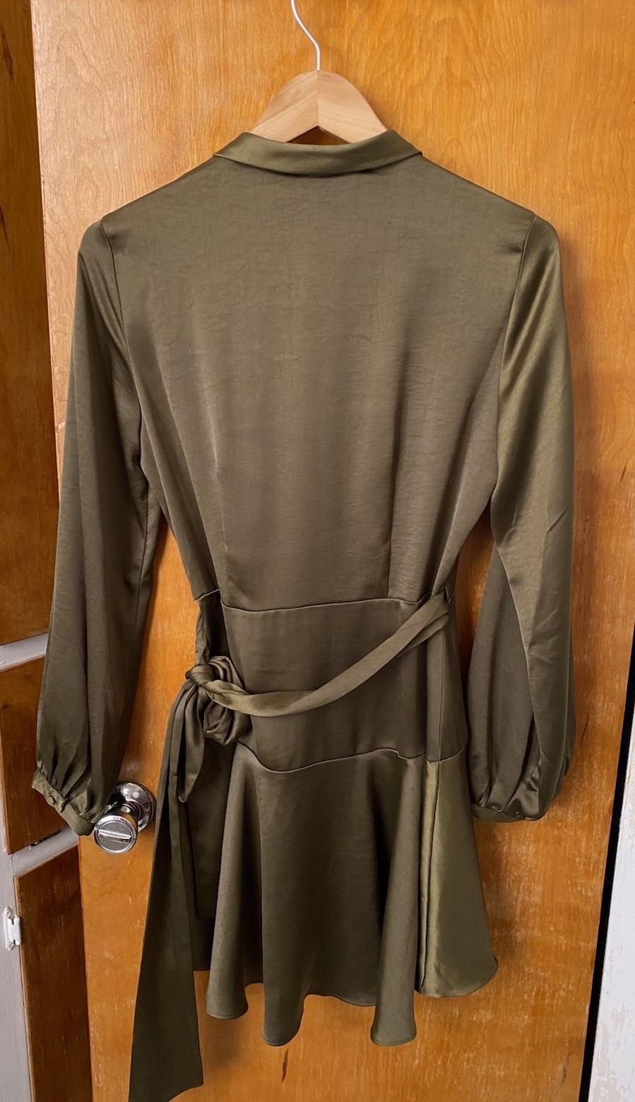 NWT Lucy Paris Adonia Wrap Dress Olive Green Satin Mini sz M long sleeve draped