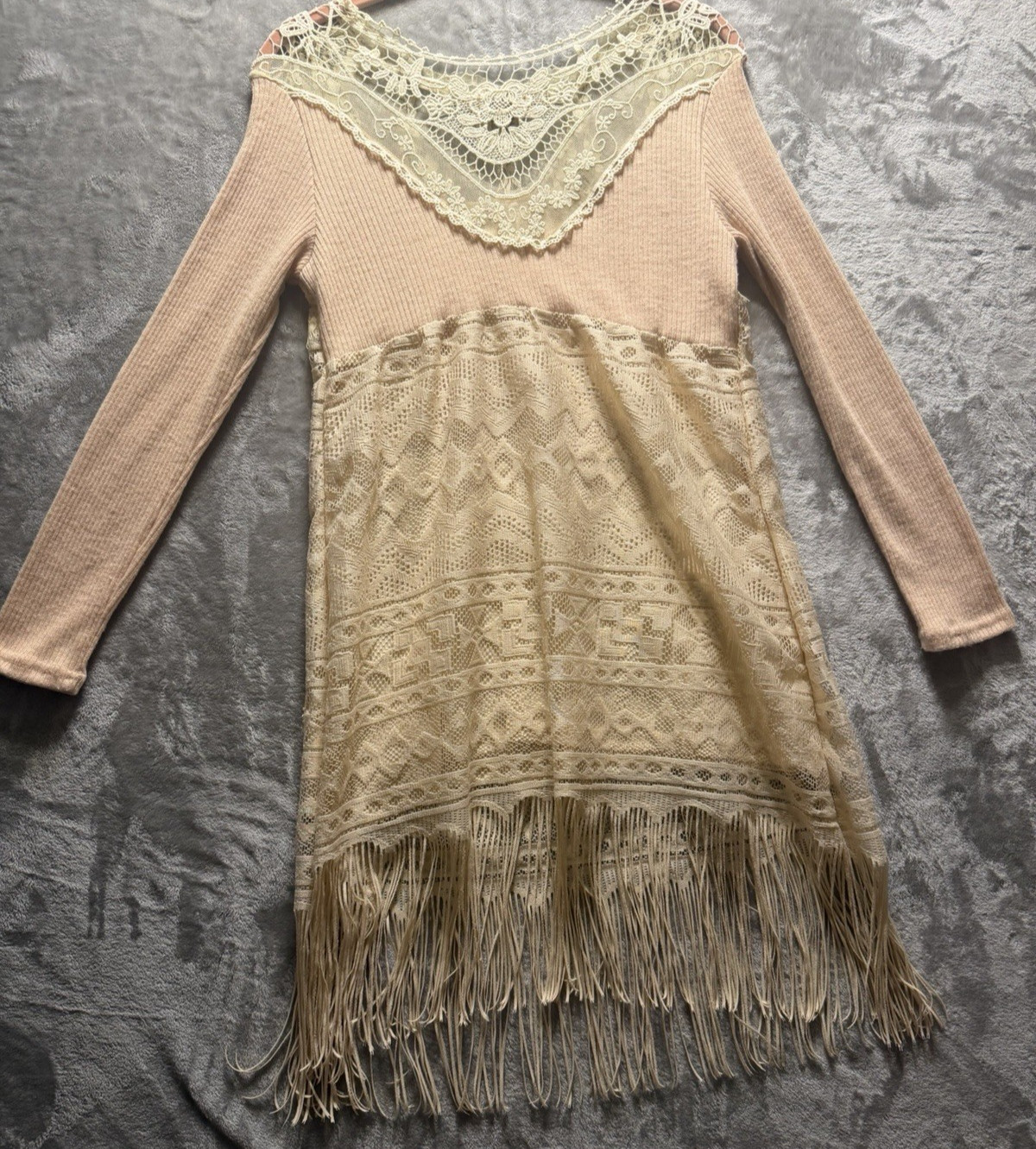 Scully Dress Womens S Beige Western Fringe Boho Crochet Lace Tunic Tribal Lined