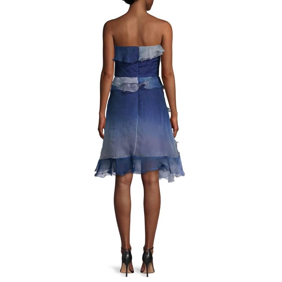 MARCHESA Ombre Strapless Flower Ruffled Tiered Silk Cocktail Dress, 2 Blue