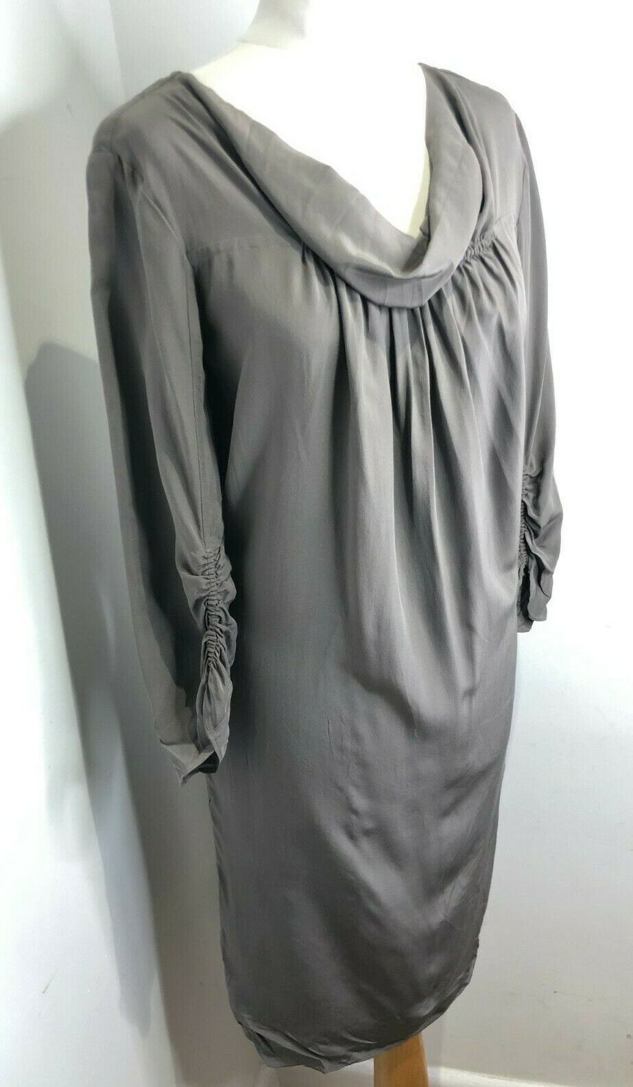BNWT Bruuns Bazaar grey silk cowl neck sheath shift dress 10 36 NEW knee length