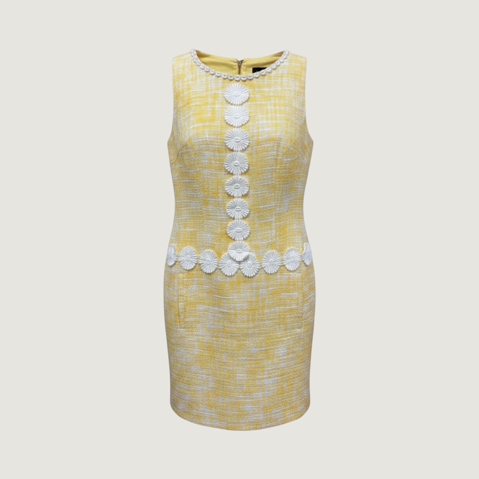 Laundry by Shelli Segal Yellow Tweed Floral Crochet Shift Dress Sleeveless Sz 6
