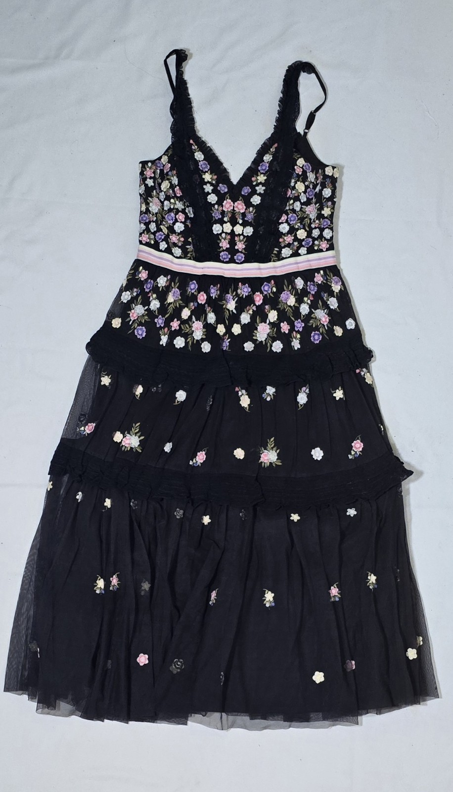Needle & Thread Black Floral Embroidered Tulle V-Neck Midi Dress US 6