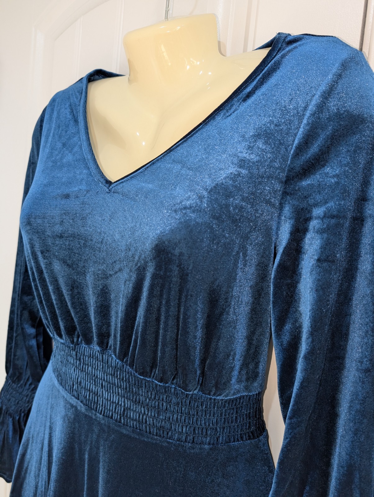 Womens Peacock Blue Velvet Elastic Smocked Waist V-neck Midi Party Dress Size M