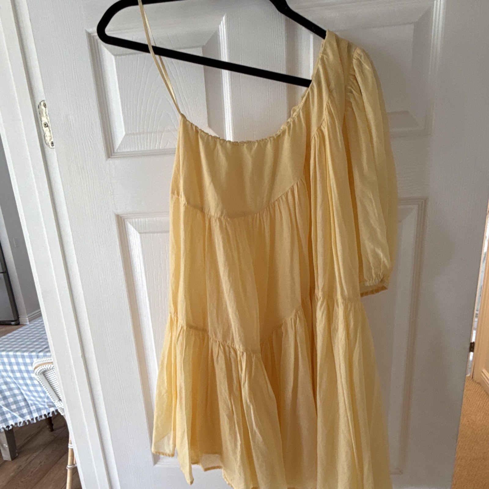 Devotion Twins Yellow One Shoulder Layered Ruffle Short Sleeve Sundress Cotton S