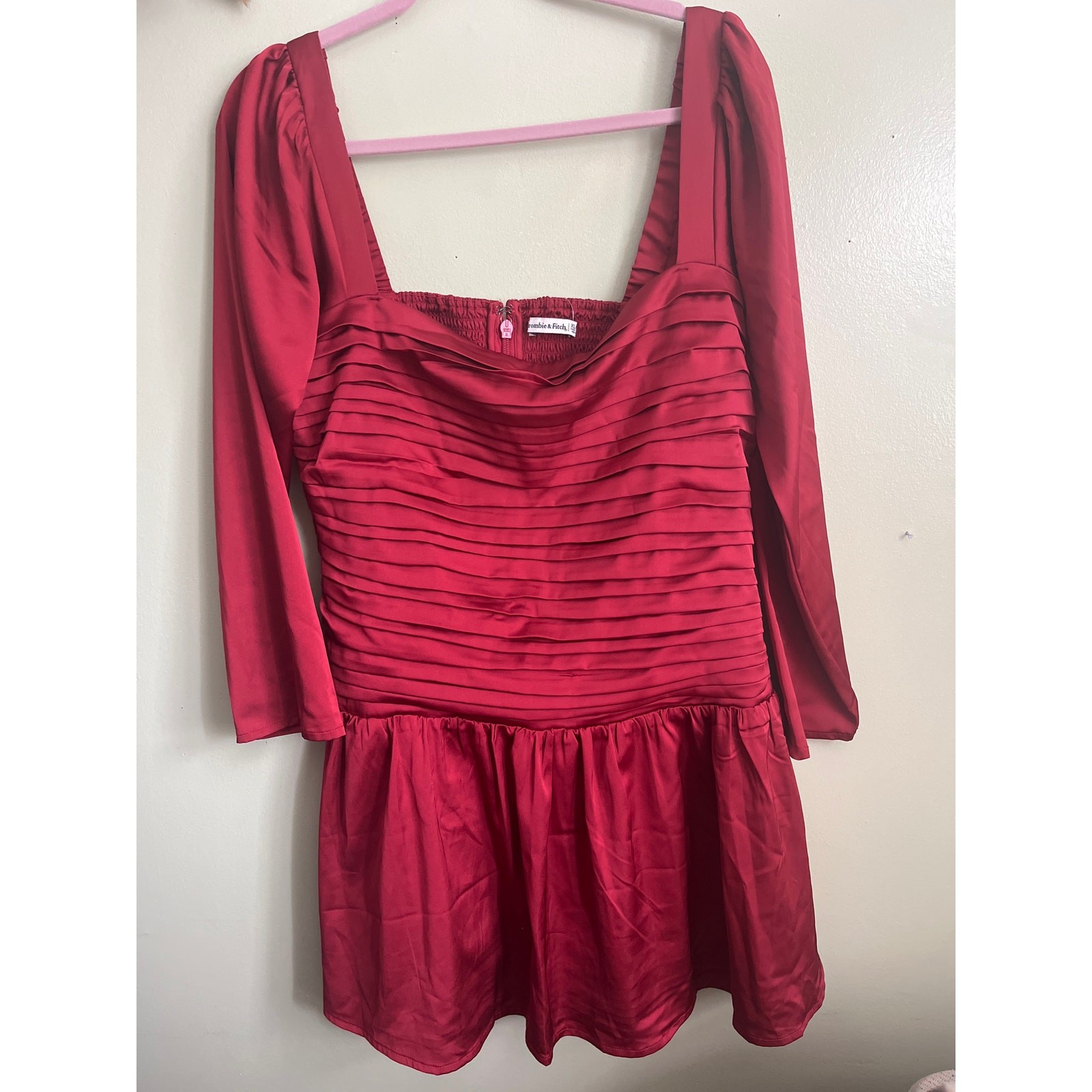 Abercrombie & Fitch Emerson Drop-Waist Satin Mini Dress in scarlet red, size XLP