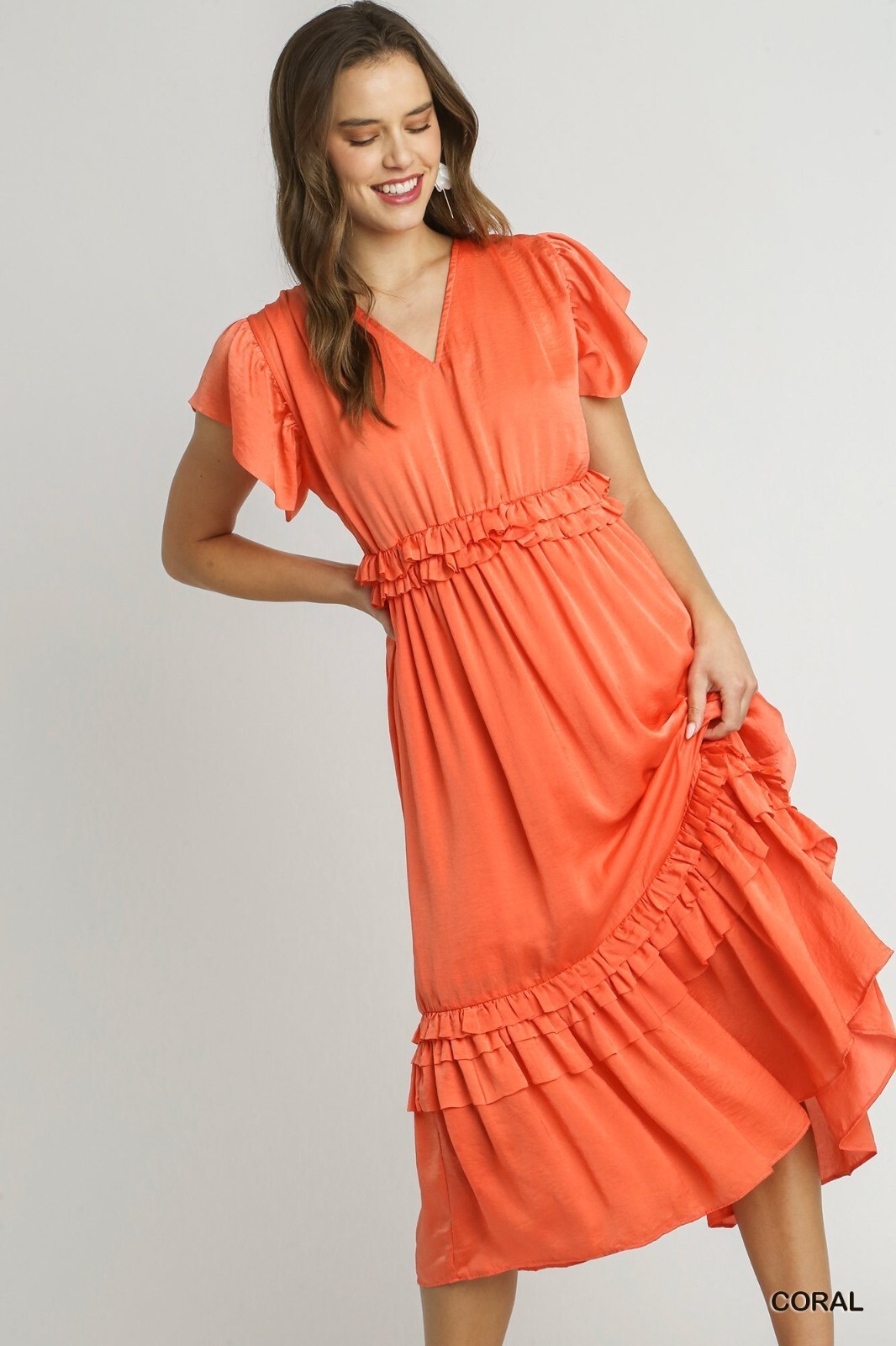 Umgee Coral V-Neck Cut Edge Ruffle Trim Maxi Dress Pleated Details Short Sleeves