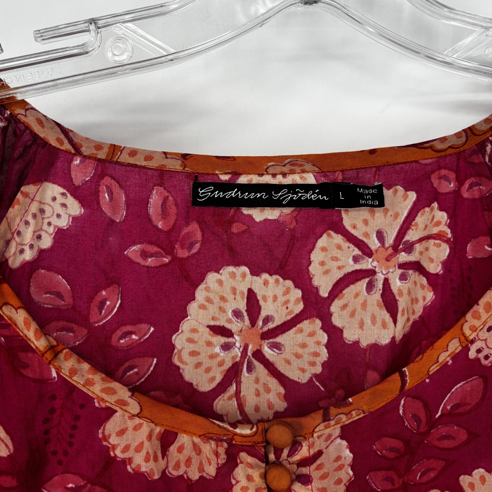 Gundrun Sjoden L Large Orange Raspberry Batik Boho Artsy Dress