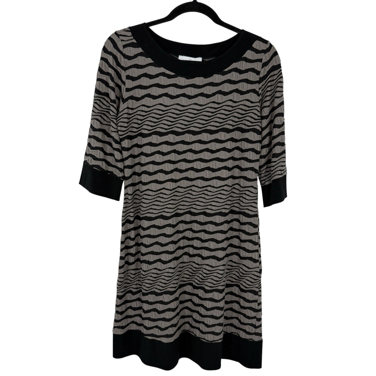Papillon Blanc Shift Dress Large Textured Seamed Gray Stripe Lagenlook