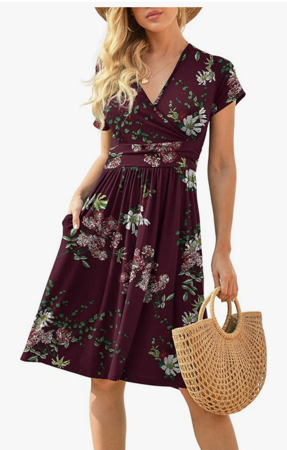 Lilbetter Womens Burgundy Floral Knee Length, Short Sleeve Dress L, Pockets