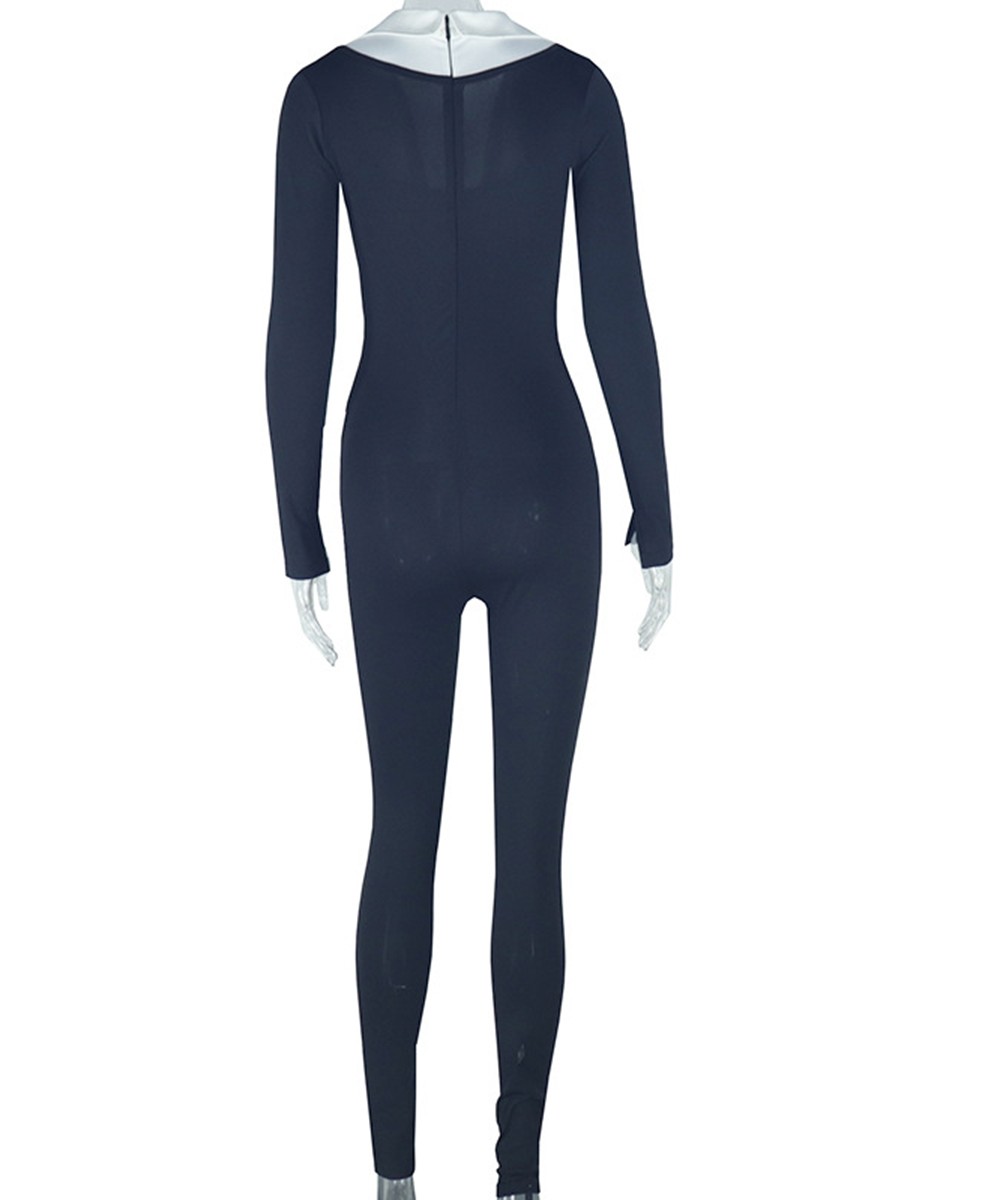 Sleek Contrast Collar Catsuit Jumpsuit