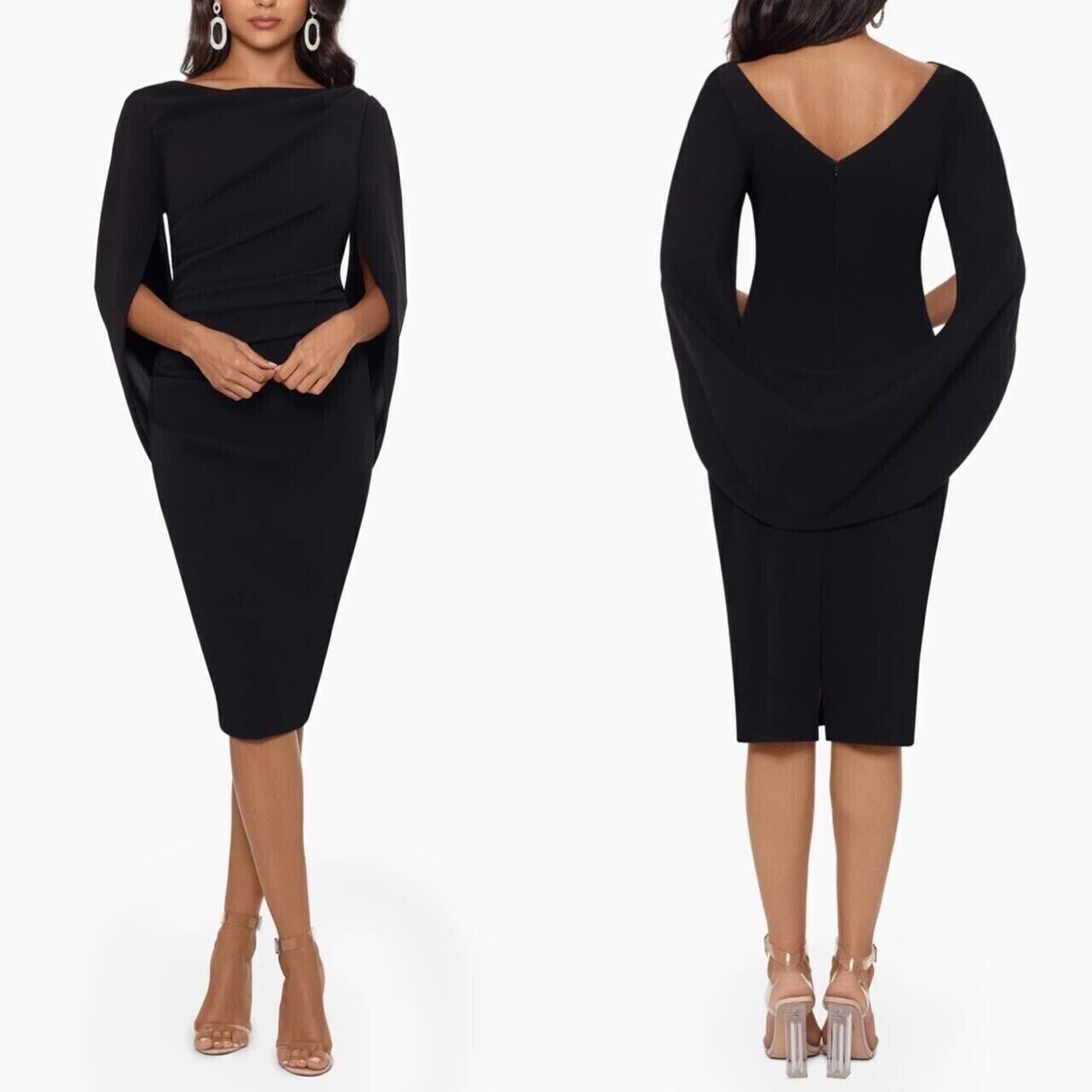 Betsy & Adam Black Cape Sleeve Crepe Sheath Dress Size 2 $199