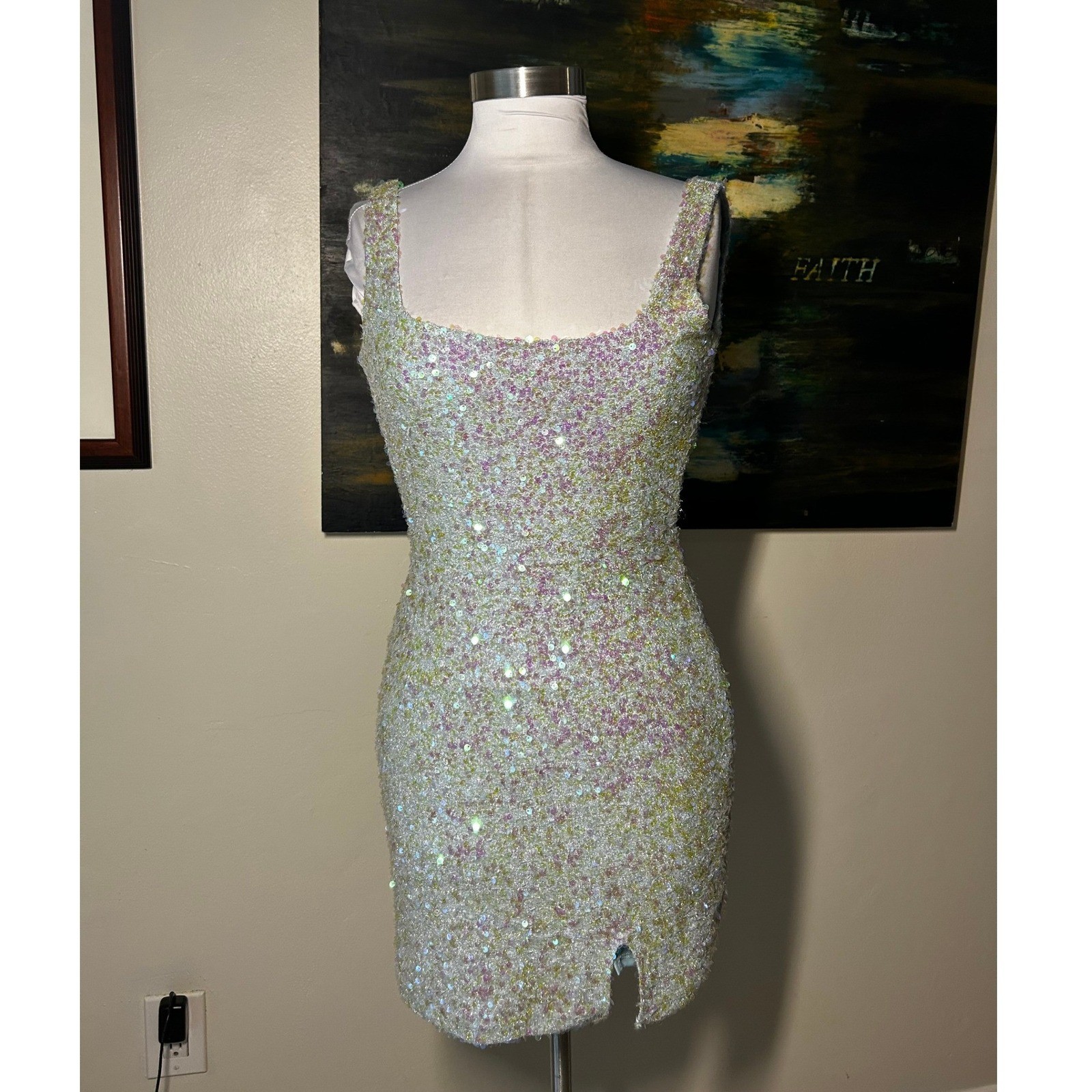 Jump Apparel Sequin Mini Dress Size Small Iridescent Open Back Tie Detail