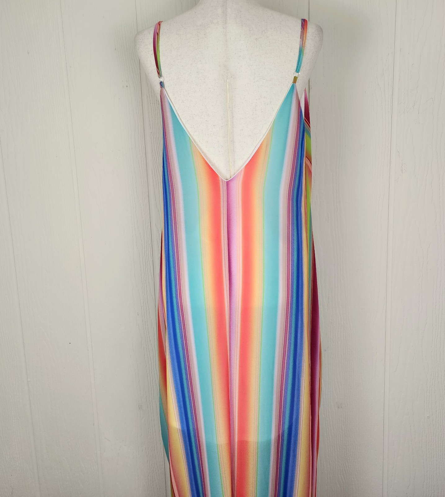 Fantastic Fawn Rainbow Strap Maxi Dress Size L Boho Pockets Lined Sundress Strip