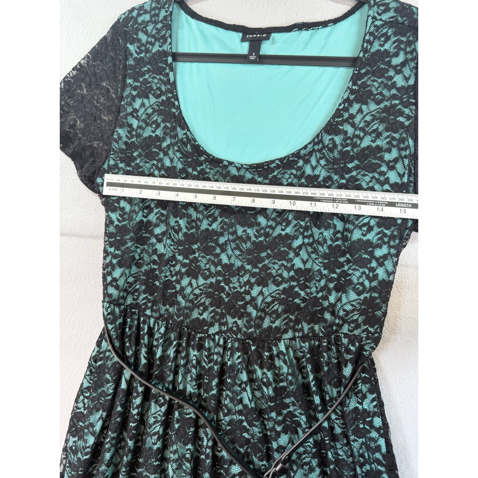 Torrid Black Lace Teal Lining Fit Flare Dress Belted Plus Size 1 XL Short Sleeve