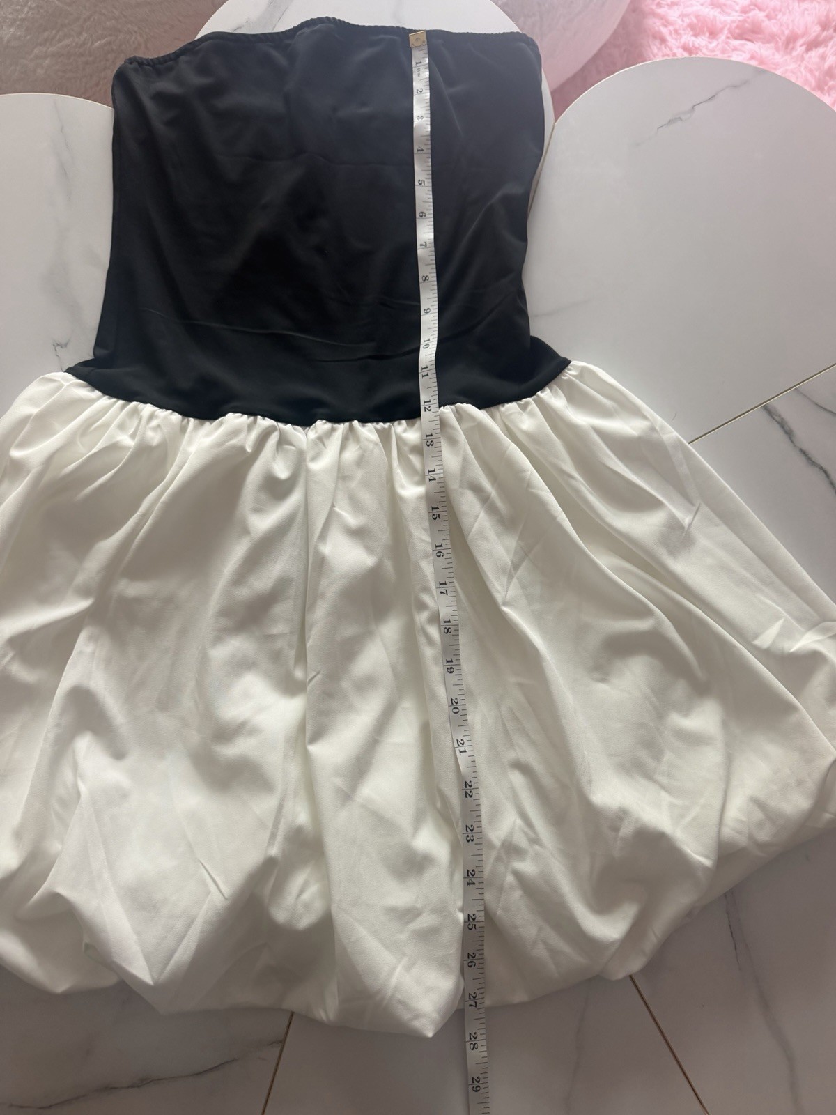Black White Colorblock Bubble Hem Mini Dress Strapless Pleated Zip S