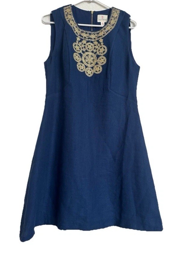 Julie Brown Adam Navy Blue Gold Embellished Sleeveless Dress Size 8 NWOT