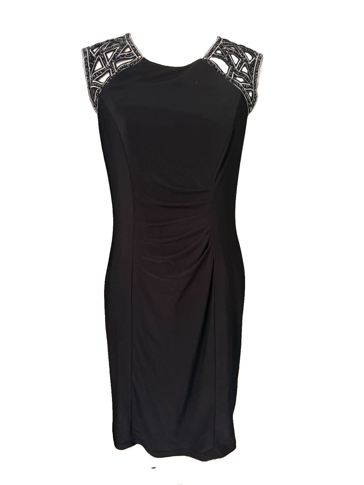 Petra Little Black Sheath Dress Sz 8 Beaded Cut Out Top Ruched Waist Area Sexy