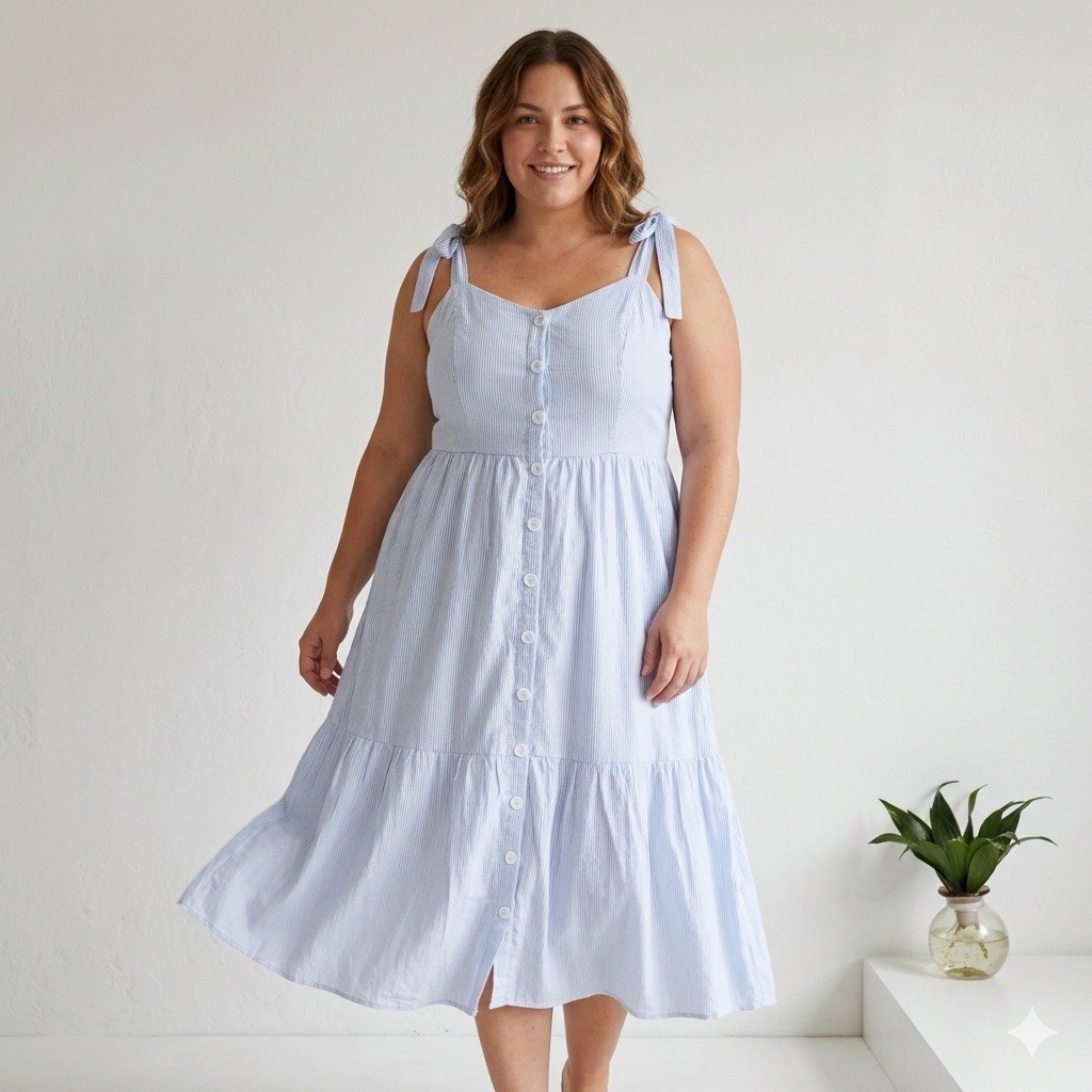 Just Found Women’s Light Strip Blue Tie-shoulder Bottom Front Summer Dress Sz L.