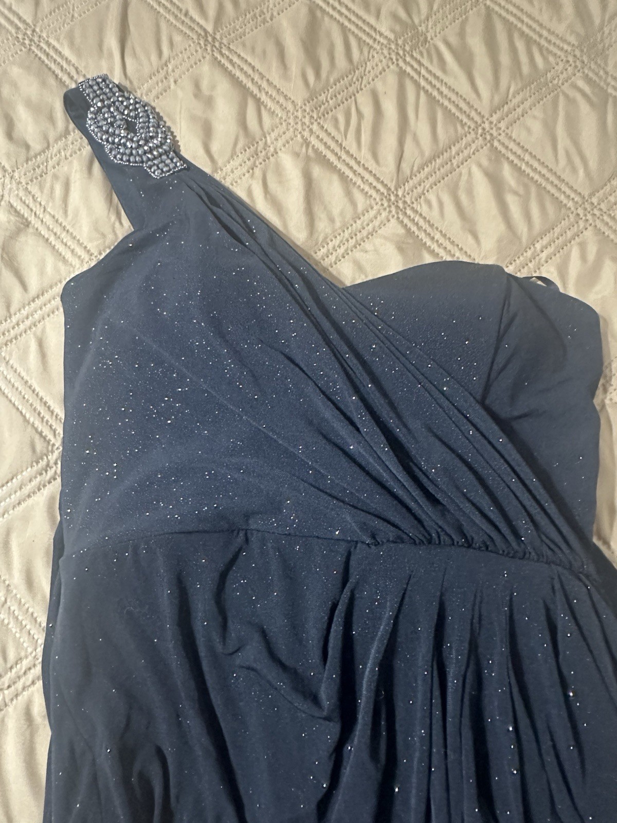 Xscape Black One Shoulder Sweetheart Ruched Beaded evening Dress size 12.