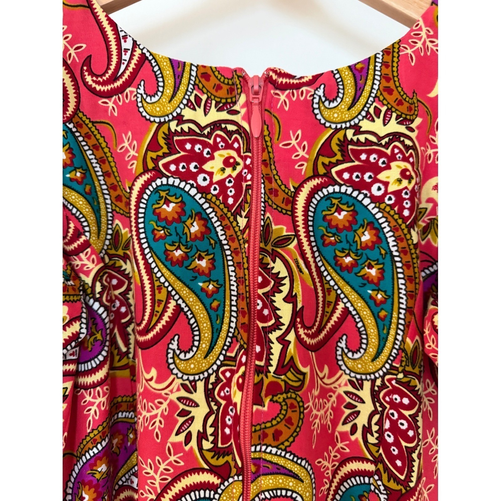 Pink Paisley Tiered Ruffle Sleeve Fit & Flare Cotton Dress Sz S: Boho, Party