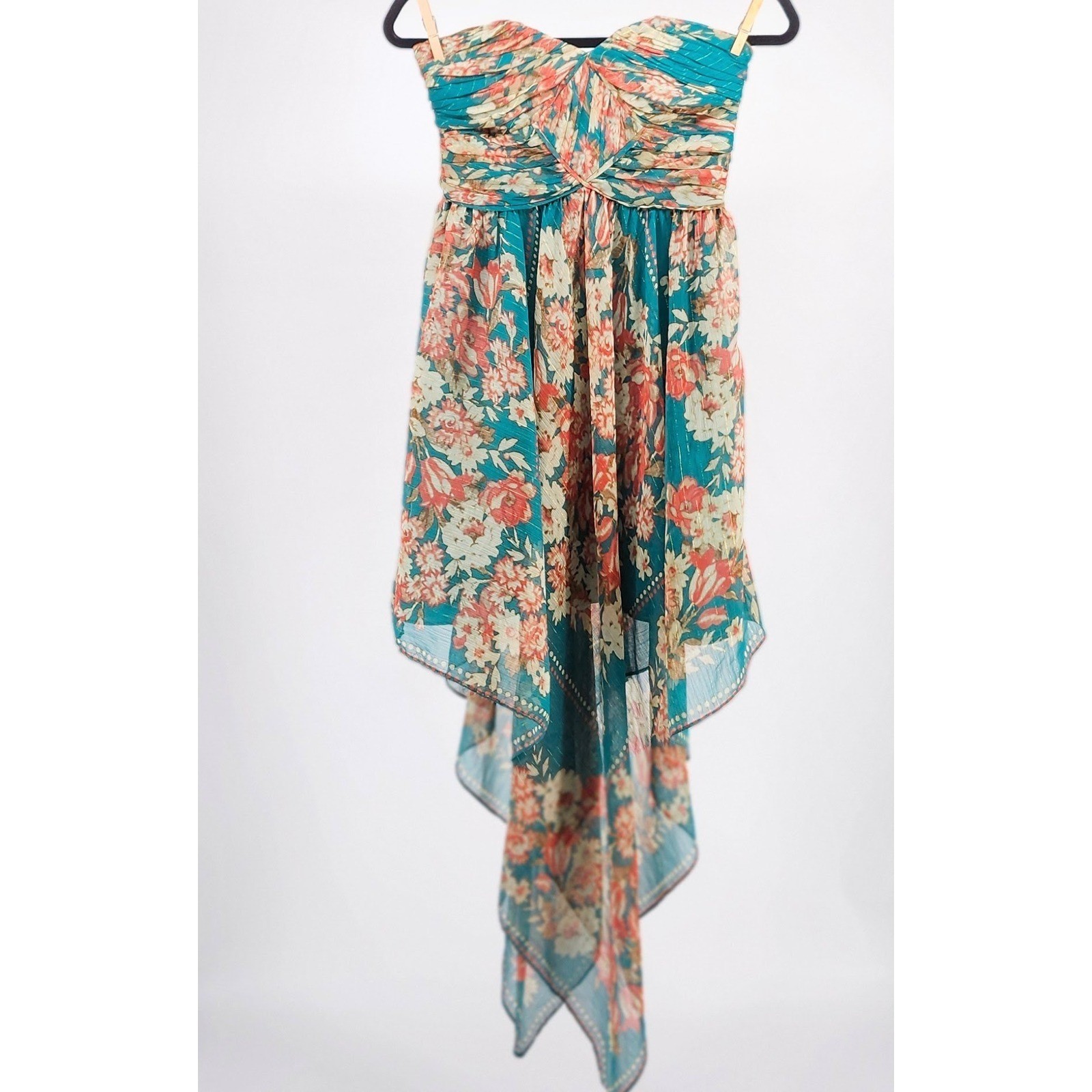 Pearl Georgina Chapman for Marchesa Teal Floral Gypsy High Low Dress Size 2