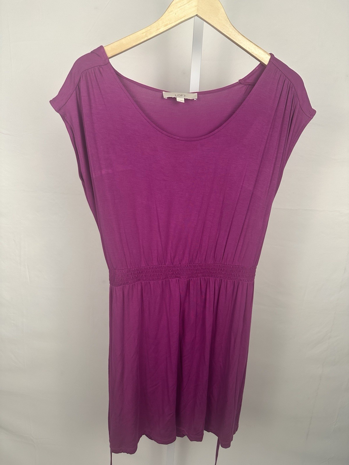 LOFT Purple Solid Fit & Flare Dress L Cap Sleeve Scoop Neck Drawstring Stretch