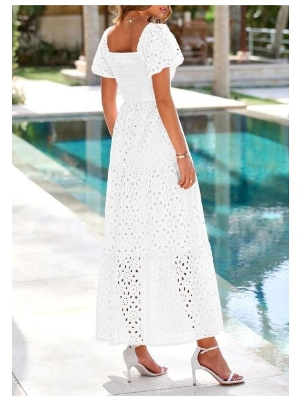 PrettyGarden Maxi Dress Medium White Smocked Puff Sleeve Tiered Boho