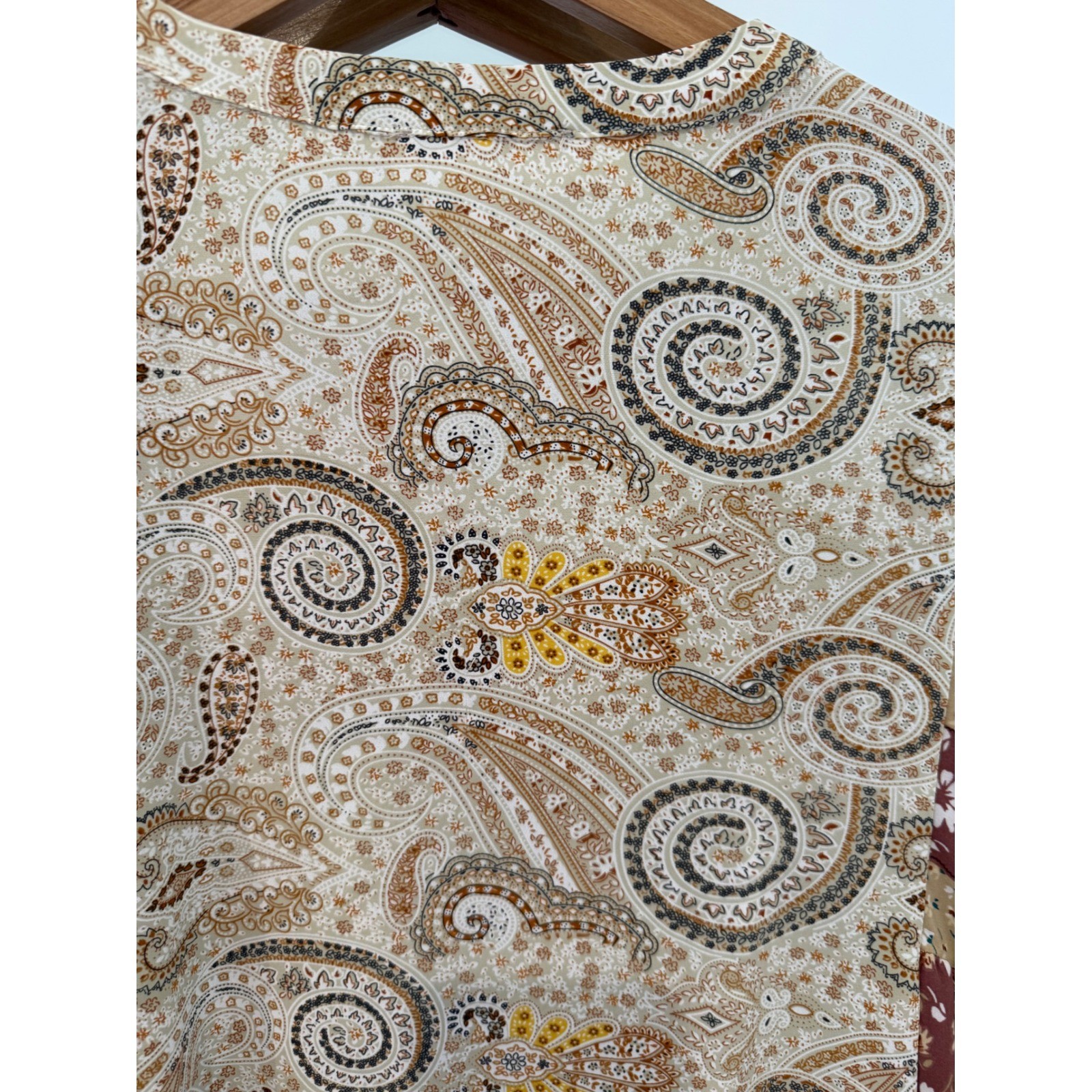 Boho Easel Patchwork Paisley Ruffle Mini Dress Earth Tones Bell Sleeve Boho L