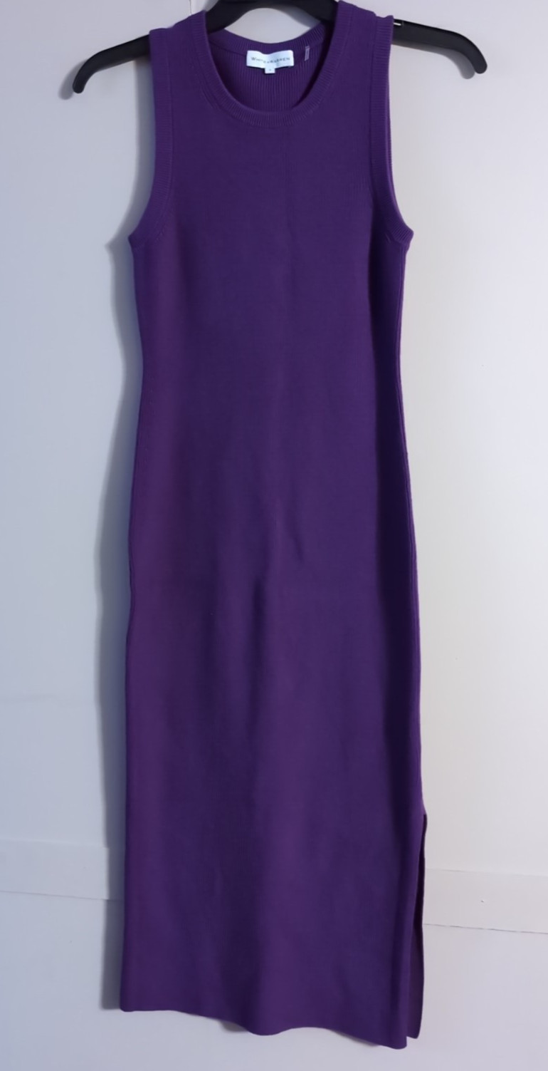 White + Warren Size S Purple Cotton Nylon Silk Maxi Ribbed Sheath Sweater Dress