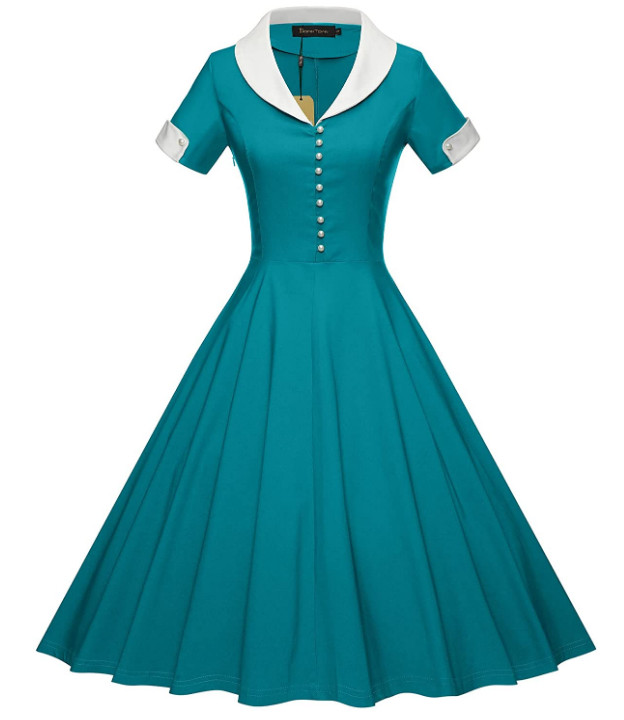 NWT GownTown Womens 1950s Cape Collar Vintage Swing Stretchy Dresses, Green S