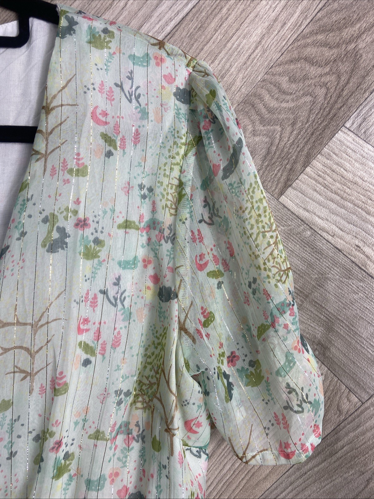 Oliver Bonas Sheer Floaty Leaf Print Midi Dress Ruffle Metallic Detail Size 16