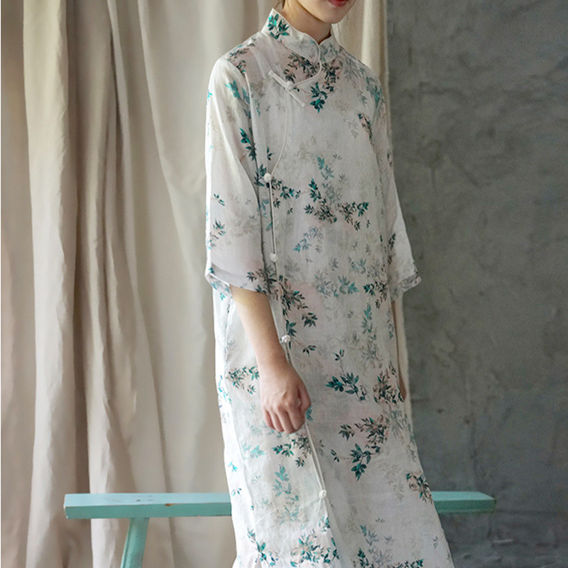 Ethnic Women Floral Cheongsam Qipao Tea Dress Loose Midi Mandarin Collar Retro