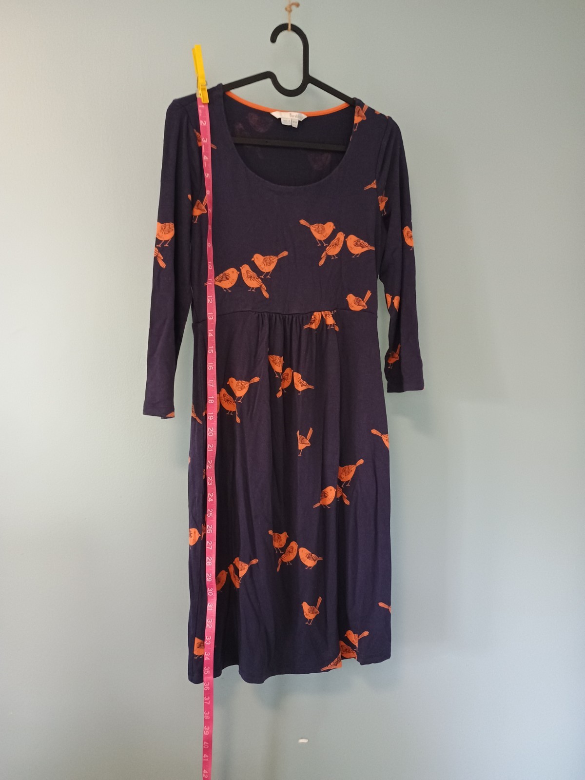 Boden Navy Dress Size 4 Long Orange Bird Print 3/4 Length Sleeves Nature