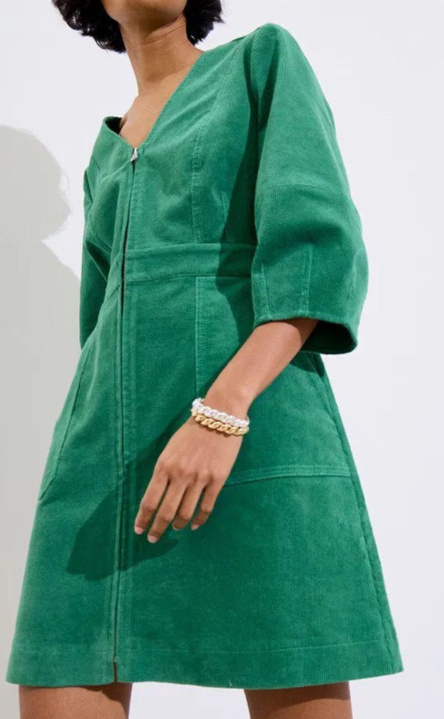 Oliver Bonas Green Corduroy V-Neck Mini Dress UK Size 10