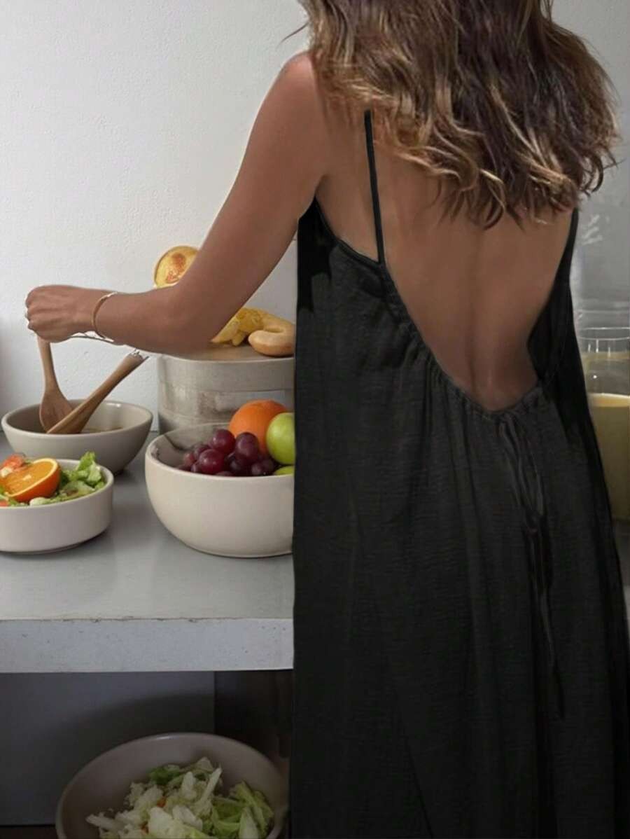 Spaghetti Strap Dress Side Pockets Backless Slit Hem Casual Cami Maxi Long