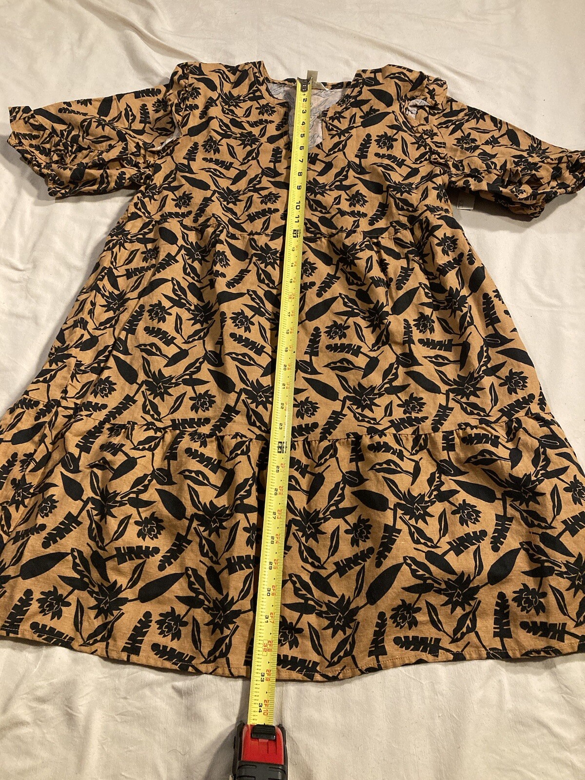 GOODTHREADS MEDIUM Linen Cotton Elbow Sleeve Split Neck Dress, Tan Block Floral